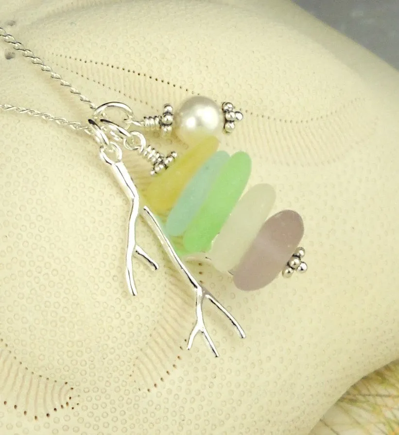 Swarovski Crystal Pearl Necklace GENUINE Sea Glass Necklace  In Pastels Very RARE Colors Sterling Coral
