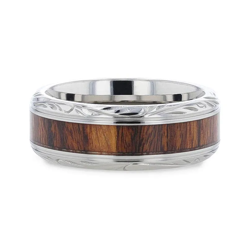 Thorsten KRAFT Black Walnut Wood Inlay Detailed Beveled Edges Titanium Polished Wedding Ring - 8mm