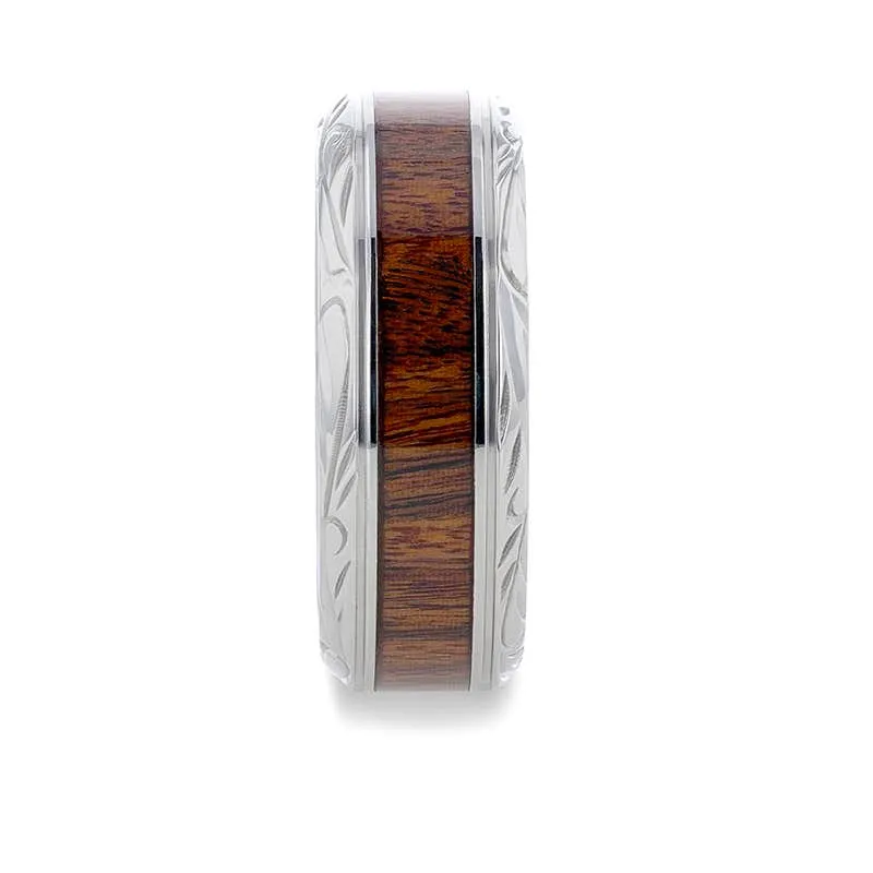 Thorsten KRAFT Black Walnut Wood Inlay Detailed Beveled Edges Titanium Polished Wedding Ring - 8mm