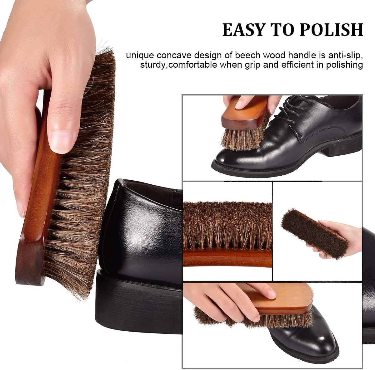 TOBION | Polish Shoe Brush Kit Natural Horsehair Bristles