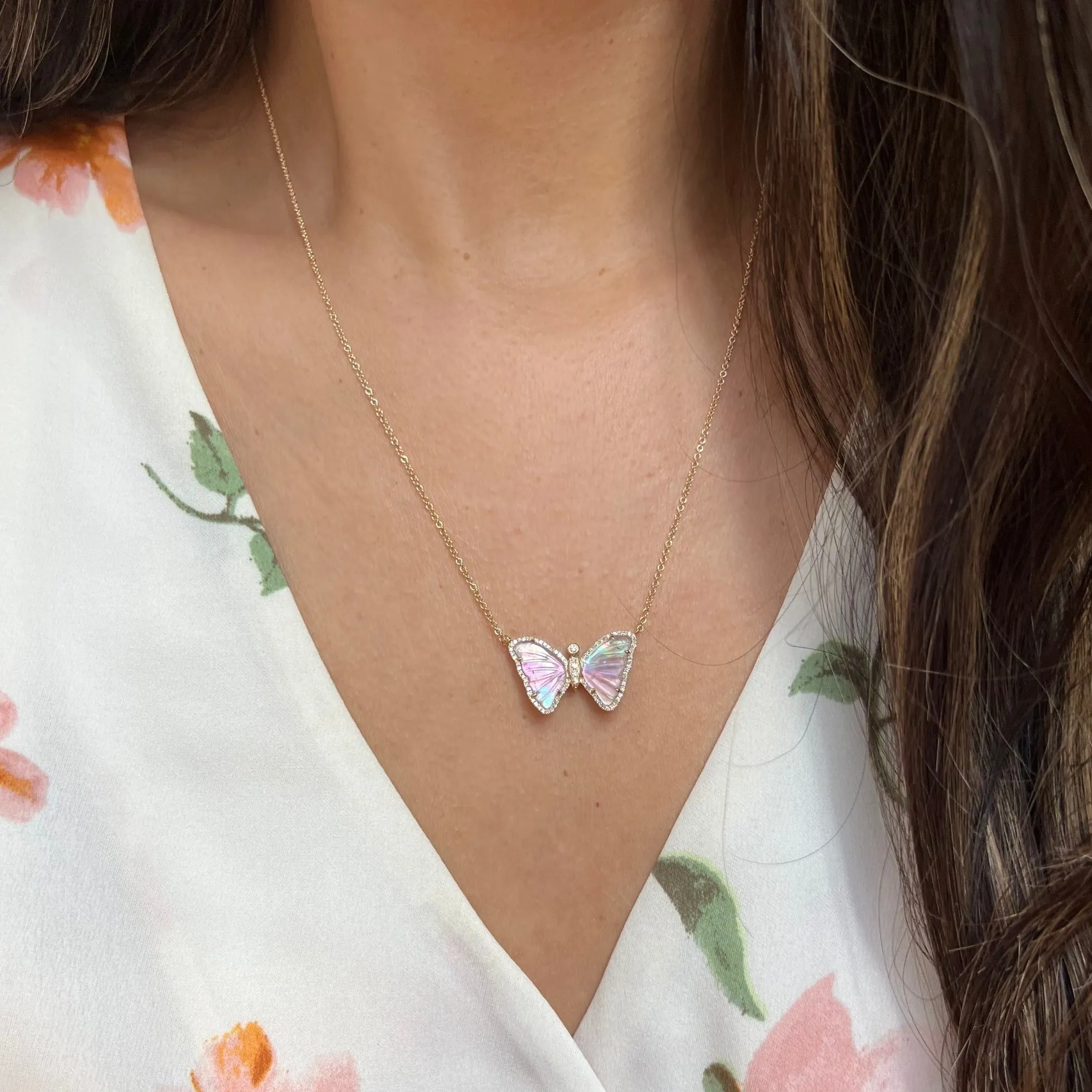 Topaz and Pearl Butterfly Necklace with Diamonds