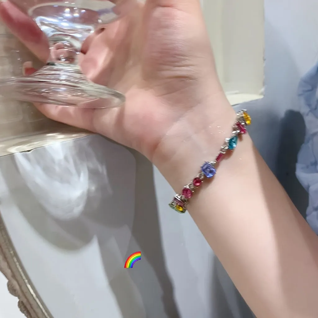 Vibrant Multi-Colored Gemstone Charm Candy Style Wristband - Elegant and Luxurious Fashion Jewelry for Women - Sparkling Accents, Adjustable Clasp, Perfect for Everyday Wear, Parties, and Special Occasions