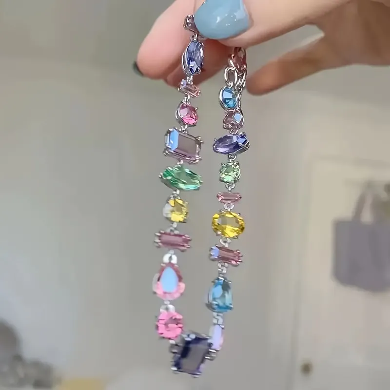 Vibrant Multi-Colored Gemstone Charm Candy Style Wristband - Elegant and Luxurious Fashion Jewelry for Women - Sparkling Accents, Adjustable Clasp, Perfect for Everyday Wear, Parties, and Special Occasions