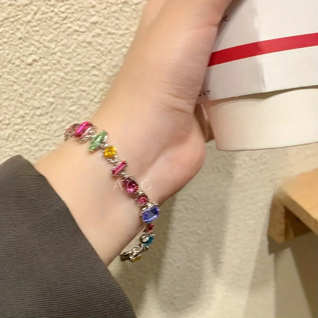 Vibrant Multi-Colored Gemstone Charm Candy Style Wristband - Elegant and Luxurious Fashion Jewelry for Women - Sparkling Accents, Adjustable Clasp, Perfect for Everyday Wear, Parties, and Special Occasions
