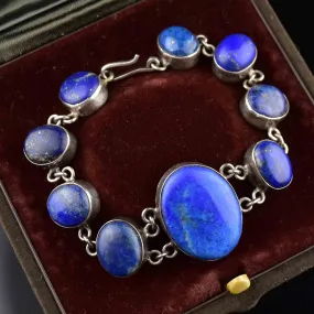 Vintage Silver Lapis Lazuli Link Chain Bracelet