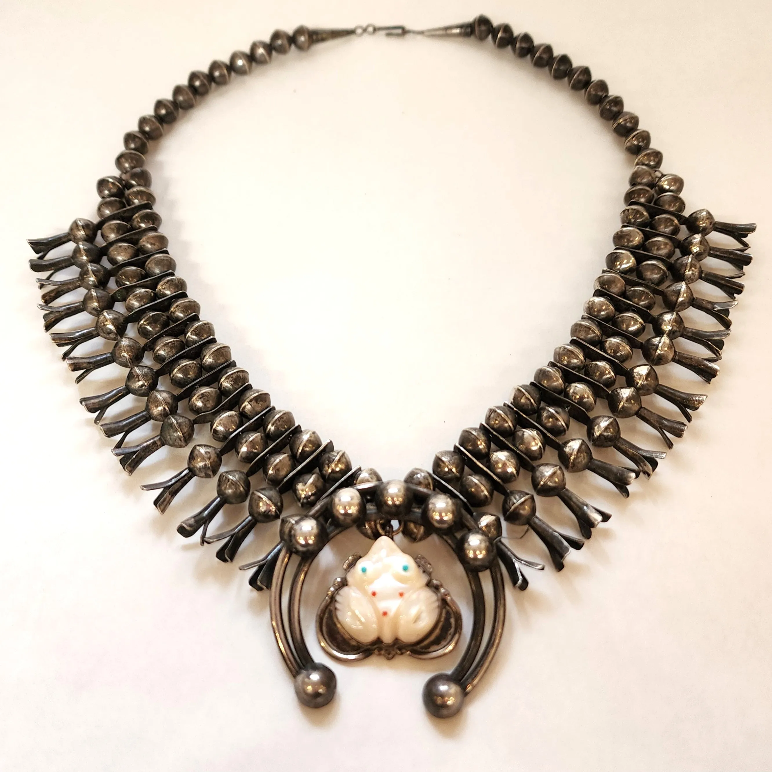 Vintage Squash Blossom Necklace with Zuni Frog