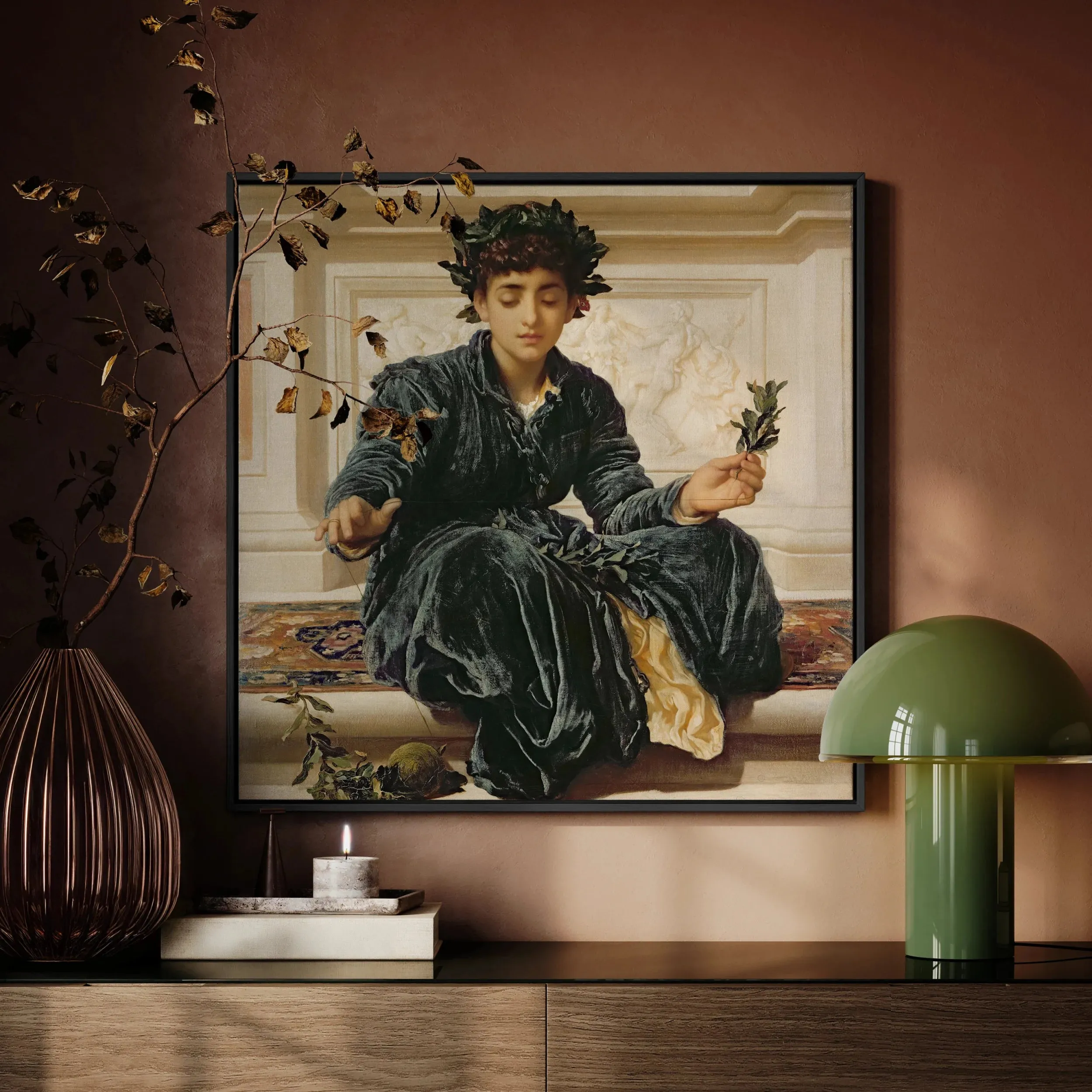 Weaving the Wreath - Frederic Leighton Framed Canvas