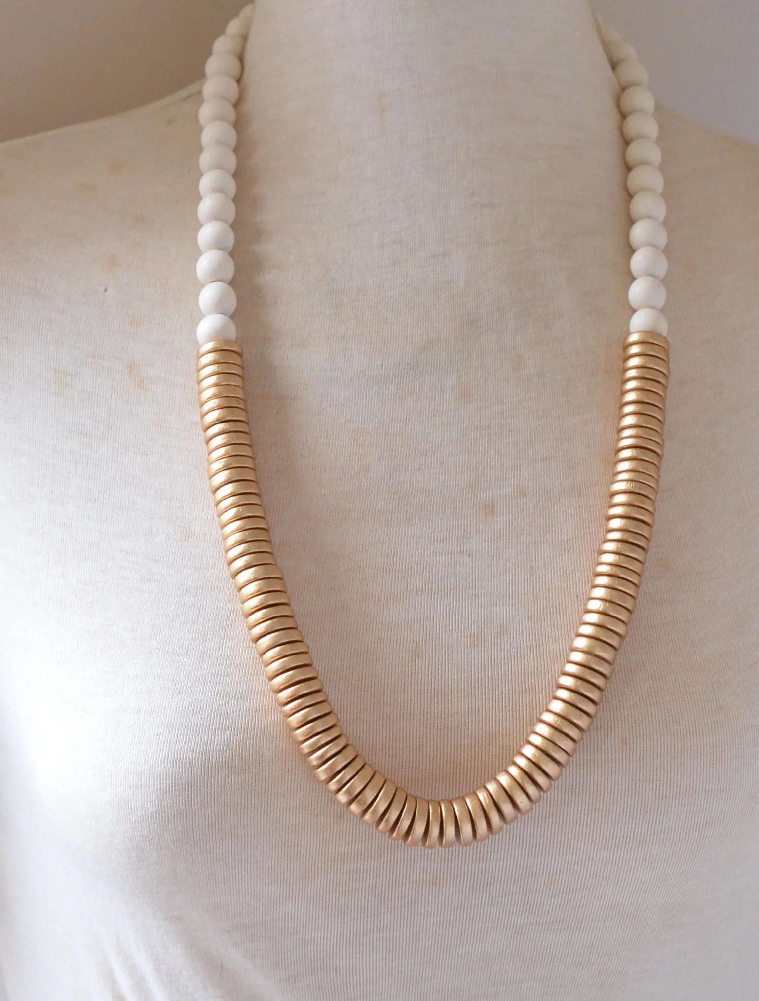 White Gold Long Beaded Chunky Boho Statement Necklace - Elena