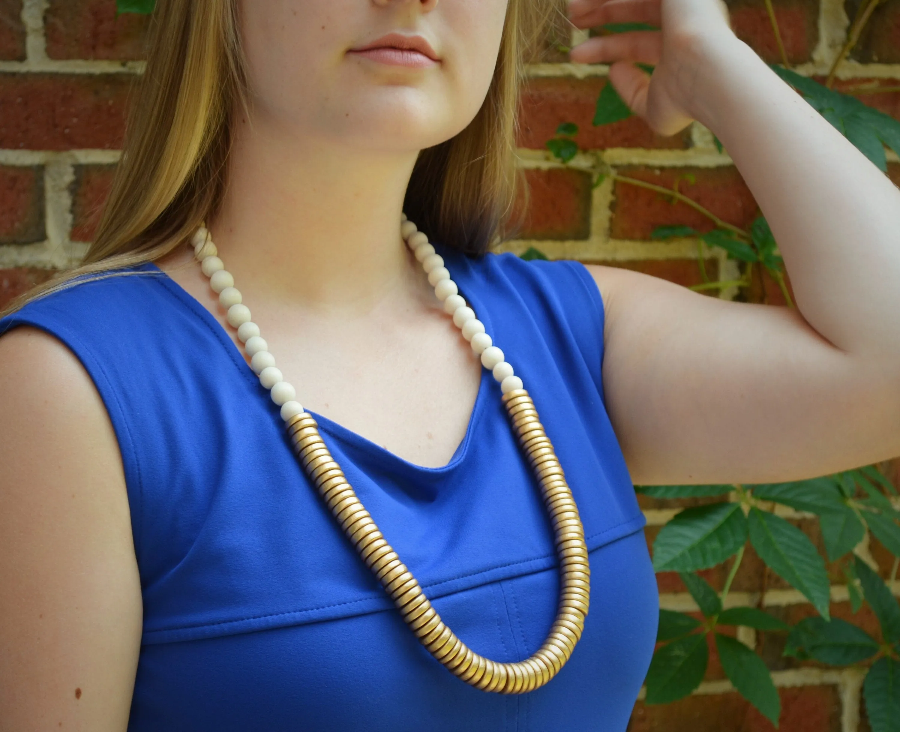 White Gold Long Beaded Chunky Boho Statement Necklace - Elena