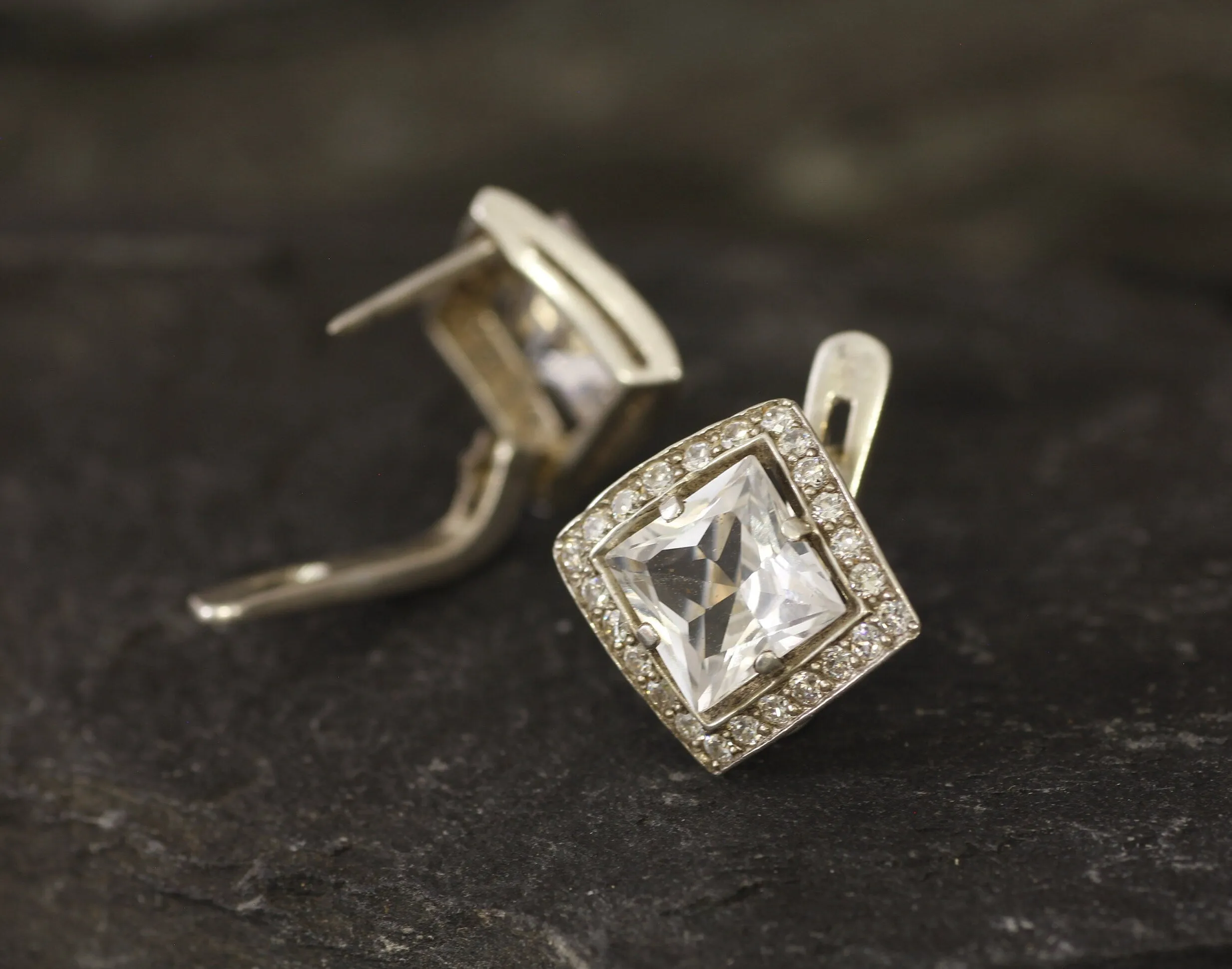 White Topaz Earrings - Princess Cut Studs - Topaz Square Earrings