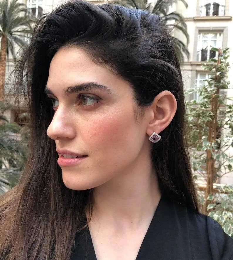White Topaz Earrings - Princess Cut Studs - Topaz Square Earrings