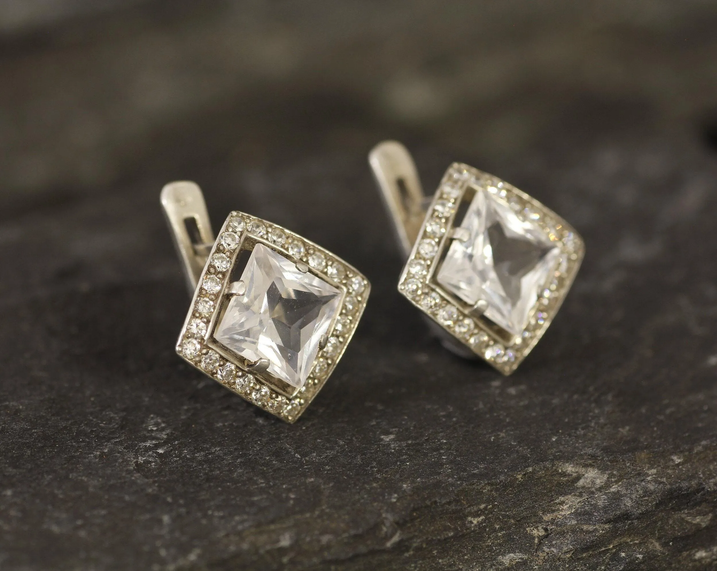 White Topaz Earrings - Princess Cut Studs - Topaz Square Earrings