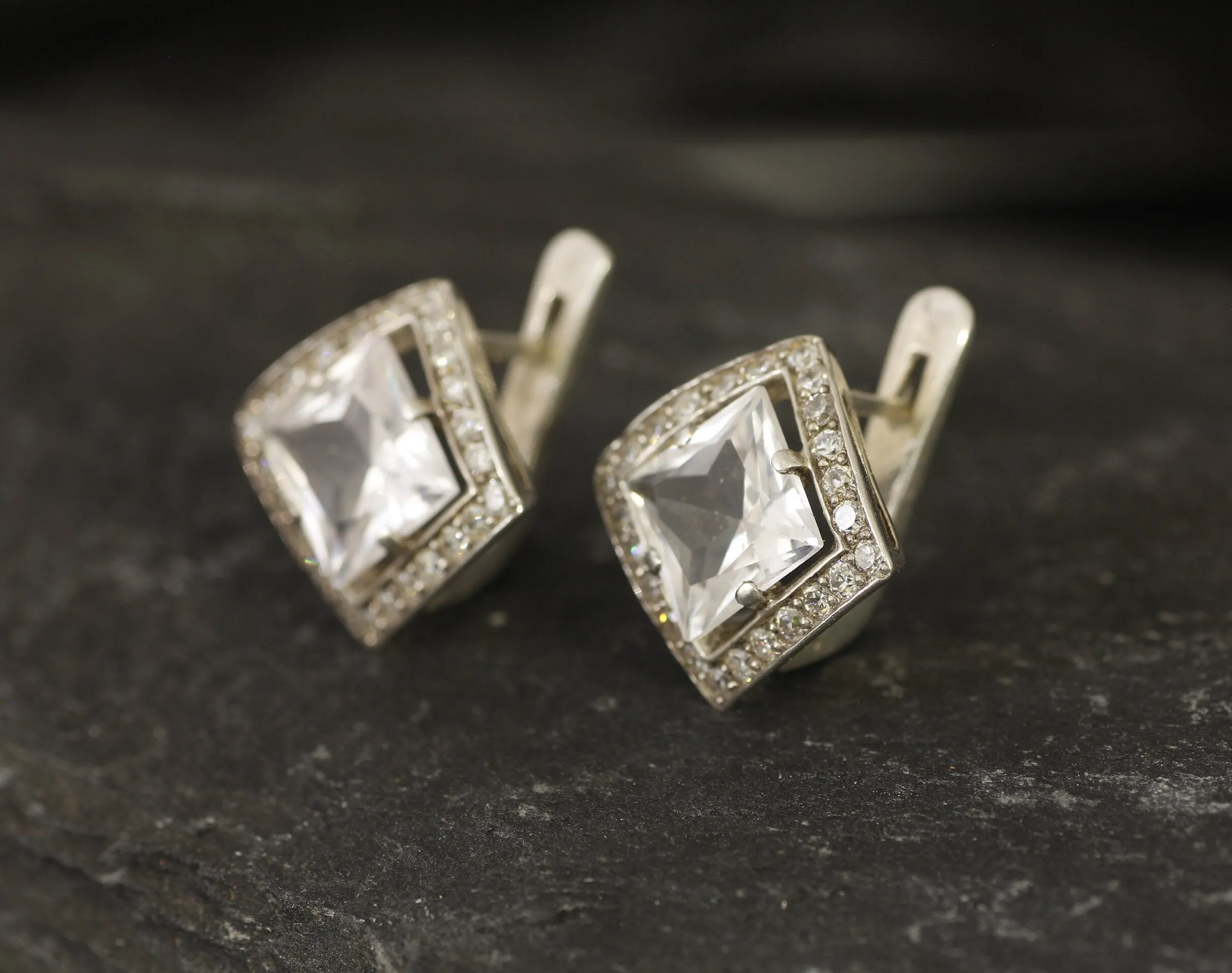 White Topaz Earrings - Princess Cut Studs - Topaz Square Earrings